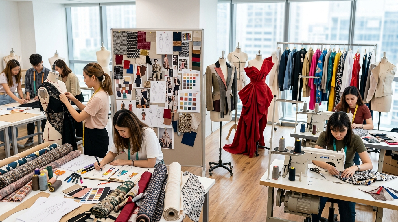 Students in the Fashion Design and Creative Mastery O Method program sketching designs