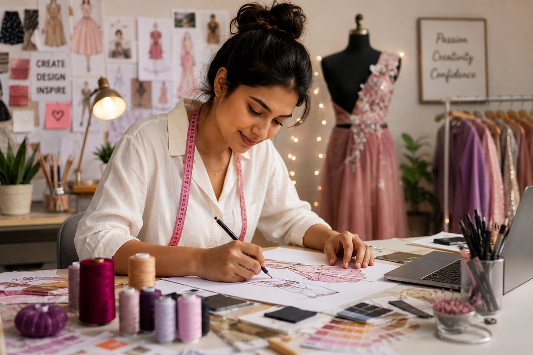 Fashion design student sketching a garment illustration at Fashion O Institute Pune
