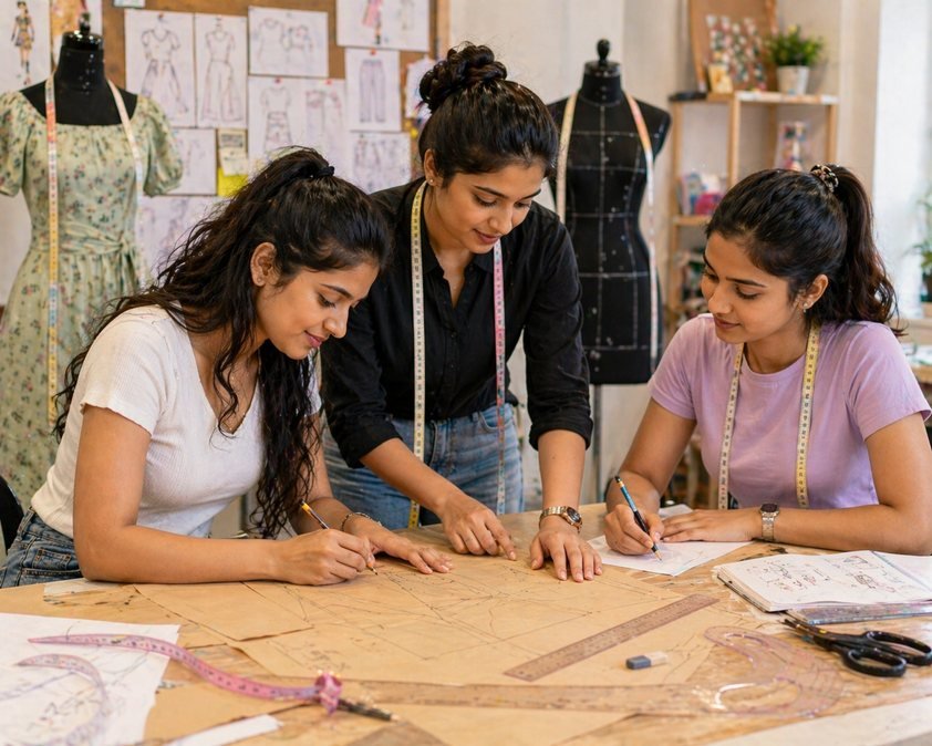 Close up of two students pattern cutting fabric